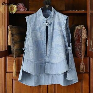 QGOOD Denim Baggy Vests Vintage Chinese Style Sleeveless Cloud-printed Chic Summer Stand Collar Sweet Simple Gentle