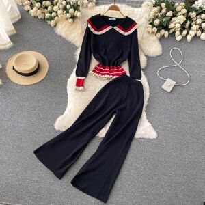 Orgreeter Women Clothes Women New Fashion Doll Collar Retro Chic Sweater Tracksuit Long Sleeve Knitted Pullover Tops Wide Leg Pants Two Piece Sets Outfit