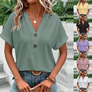 RUIT Women Casual Short Sleeve V Neck Summer Hollow Out Breathable Solid Color Button V Neck T Shirt Blouse Top