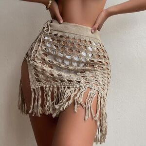 surwenyue Summer Holiday Beach Sexy Skirt Sweet Belt Solid Elastic Cut-out Hollow Knitted Skirt Casual Split Hole Tassels Mini Skirt 25173