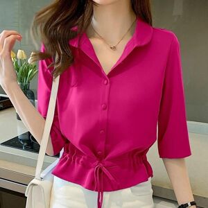 ST CASE Women Solid Turn-down Collar Half Sleeve Chiffon Shirt Fashion Casual Shirring Single-breasted Blouses Female