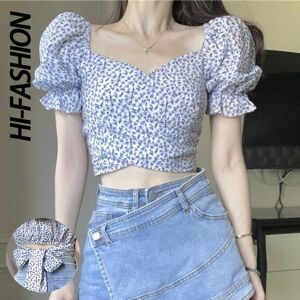 HI-FASHION Trend Women Floral Sexy Crop Top Short Puff Sleeves V Collar Pullover Vintage Style T-shirts Summer Fitting Tees