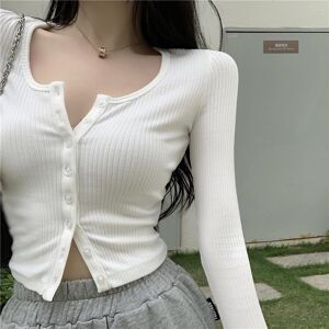 YUMI wardrobe Korean Style O-neck Short Knitted Sweaters Women Thin Cardigan Fashion Open Front Button Up long Sleeve Crop Top t shirt women