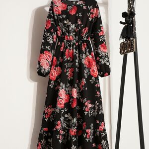 Temu Floral Retro Tunic Round Neck Dress, Long Sleeve High Waist Maxi Party Dress, Women's Clothing Black S(4)