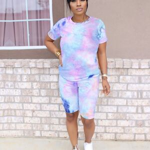 Temu Women's Tie Dye 2 Piece Set, Crew Neck Short Sleeve T-shirt & Casual High Waist Shorts, Women's Clothing Multicolor M(6)