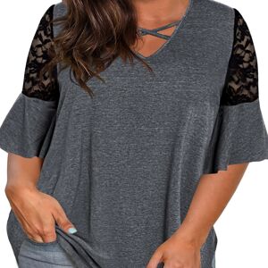 Temu Plus Size Contrast Lace Short Sleeve T-shirt, Women's Plus Slight Stretch Basic Tee Dark Grey 0XL(12)