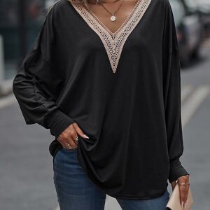 Temu Lace V-neck Black Tunic, Oversized Long Sleeve Batwing Sweater, Casual Tops For Fall & Winter, Women's Clothing Black M(6)