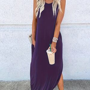 Temu Solid Crew Neck Asymmetrical Dress, Casual Sleeveless Split Summer Beach Maxi Dress, Women's Clothing Purple L(8/10)