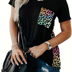 Temu Vintage V-neck Leopard Print T-shirt, Retro Fashion Short Sleeve T-shirt, Women's Clothing Black S(4)