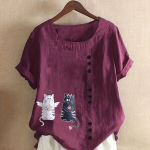 Temu Plus Size Casual T-shirt, Women's Plus Cute Cat Print Button Decor Short Sleeve Round Neck Slight Stretch T-shirt Burgundy 2XL(16)