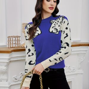 Temu Contrast Leopard Pattern Crew Neck Knit Top, Casual Long Sleeve Pullover Sweater For Fall & Winter, Women's Clothing Burgundy L(8/10)