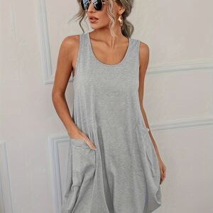 Temu Solid Color Dual Pockets Sleeveless Dress, Casual Crew Neck Tank Dress For Spring & Summer, Women's Clothing Silver Grey M(6)