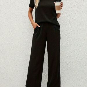 Temu Solid Color Casual Pantsuits, Crew Neck Short Sleeve T-shirt & Wide Leg Pocket Design Pants Outfits, Women's Clothing Black S(4)