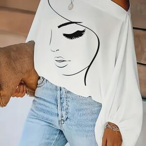 Temu Cartoon Portrait Print T-shirt, Casual Cold Shoulder Long Sleeve Top For Spring & Fall, Women's Clothing Beige XL(12)