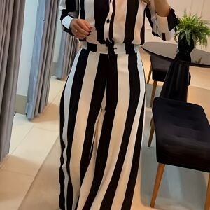 Temu Striped Pattern Spring Elegant Two-piece Set, Button Front Long Sleeve Shirt & Wide Leg Pants Outfits, Women's Clothing Mixed Color S(4)