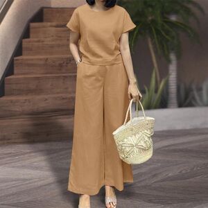 Temu Loose Solid Color Two-piece, Crew Neck Short Sleeve T-shirt & Dual Pocket Pants Outfits, Women's Clothing Apricot Asian M(2)