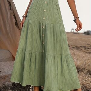 Temu Button Front Tiered Maxi Skirt, Casual Elastic Waist Skirt For Spring & Summer, Women's Clothing Army Green XL(12)