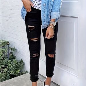 Temu Plain Ripped Holes Skinny Jeans, Slim Fit Slash Pockets Slight-stretch Casual Denim Pants, Women's Denim Jeans & Clothing White XS(2)