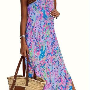 Temu Allover Print Low Back Tank Dress, Vacation Sleeveless Crew Neck Loose Dress For Spring & Summer, Women's Clothing Violet L(8/10)