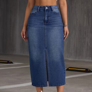 Temu Split Hem Casual Denim Midi Skirt, Slant Pockets Non-stretch Denim Skirt, Women's Denim Clothing Medium Blue L(8/10)