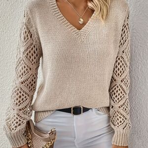 Temu Hollow Out V Neck Pullover Sweater, Elegant Long Sleeve Knit Sweater, Women's Clothing Khaki L(8/10)