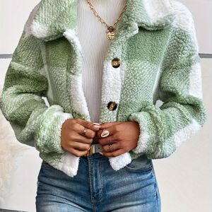 Temu Plaid Pattern Button Front Teddy Coat, Versatile Long Sleeve Winter Thermal Outwear, Women's Clothing Emerald Green M(6)