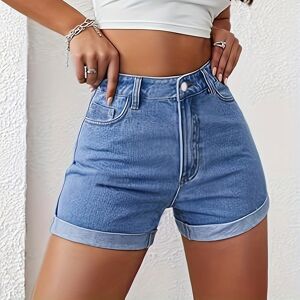 Temu Women's High-waist Y2k Denim Shorts, Stretchy Slim Fit Jeans, Fashionable Hot Girl Summer Pants, Flattering Cuffed Hem, Light Blue Jean Shorts, Casual Street Style Sky Blue L(8/10)