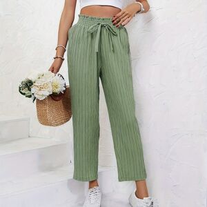 Temu Paper Bag Waist Straight Leg Pants, Casual High Waist Textured Pants For Spring & Summer, Women's Clothing Green S(4)