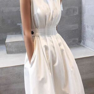 Temu Solid Pleated Pocket Design Dress, Elegant Crew Neck Sleeveless Button Dress For Spring & Summer, Women's Clothing White XL(12)