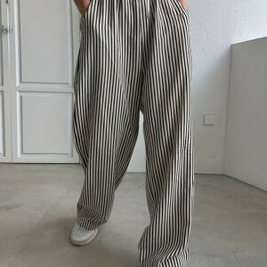 Temu Stripe Print Wide Leg Pants, Casual Drawstring Waist Loose Pants For Spring & Summer, Women's Clothing Black And White Color M(6)