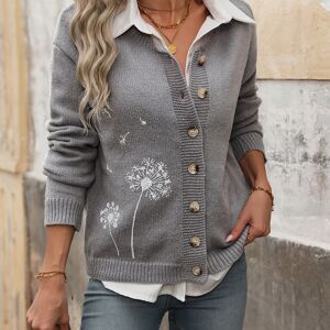 Temu Dandelion Pattern Button Up Cardigan, Casual Long Sleeve Sweater For Fall & Winter, Women's Clothing Grey XL(12)