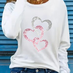 Temu Heart Graphic Print T-shirt, Long Sleeve Crew Neck Casual Top For Spring & Fall, Women's Clothing White L(8/10)