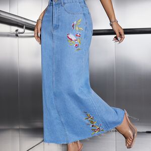 Temu Flower Bird Embroidery Elegant Cut Hem Denim Skirt, High Rise Washed Blue Maxi Denim Skirt, Women's Denim Jeans & Clothing Light Blue S(4)