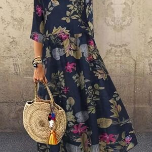 Temu Plus Size Casual Dress, Women's Plus Floral Print Half Sleeve Round Neck Maxi Dress Navy Blue Plus 3XL(22/24)