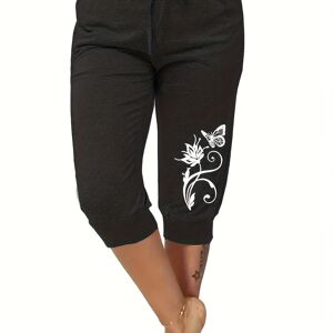 Temu Floral Print Drawstring Capri Pants, Casual Elastic Waist Pants For Spring & Summer, Women's Clothing Black XL(12)
