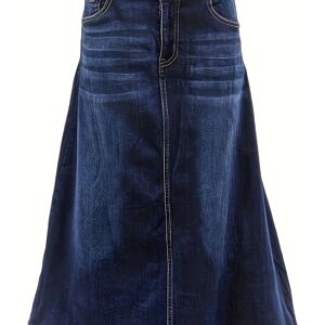 Temu Women's Plus Size Casual Blue Stretchy Plants Graphic Denim A-line Midi Skirt With Whiskers And Single-breasted Button Detail - Versatile Jean Skirt For Ladies Blue 1XL(14)