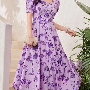 Temu Floral Print Button Front A-line Dress, Elegant Crew Neck Short Sleeve Dress For Spring & Summer, Women's Clothing Purple L(8/10)