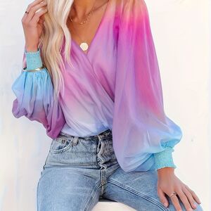 Temu Gradient Color V-neck Loose Blouse, Versatile Lantern Sleeve Blouse For Spring & Fall, Women's Clothing Purple L(8/10)