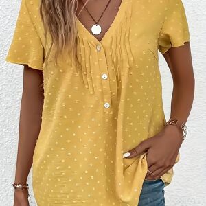 Temu Plus Size Swiss Dots Solid Blouse, Casual V Neck Short Sleeve Blouse For Spring, Women's Plus SizeÂ clothing Turmeric 1XL(14)