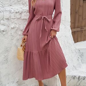 Temu Solid Color Textured Belted Dress, Elegant Lantern Sleeve Ruffle Hem Dress For Spring & Fall, Women's Clothing Pink L(8/10)