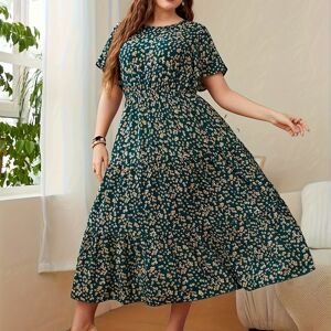 Temu Plus Size Floral Print Cinched Waist Dress, Casual Short Sleeve Dress For Spring & Summer, Women's Plus Size Clothing Dark Green 1XL(14)