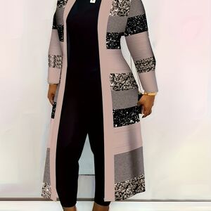 Temu Print Open Front Tunics, Versatile Long Sleeve Maxi Outwear For Fall & Winter, Women's Clothing Light Beige XXL(14)