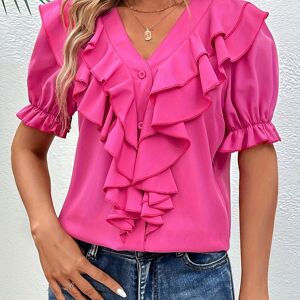 Temu Ruffle Trim Single-breasted Blouse, Elegant Solid V Neck Short Sleeve Blouse For Spring & Summer, Women's Clothing Rose Red L(8/10)