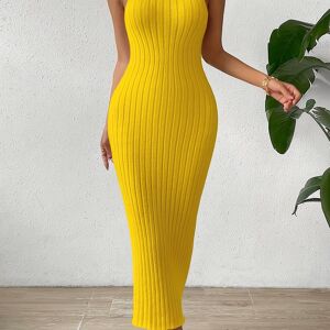 Temu Solid Rib-knit Bodycon Dress, Elegant Sleeveless Crew Neck Ankle Length Dress, Women's Clothing Lemon Yellow M(6)