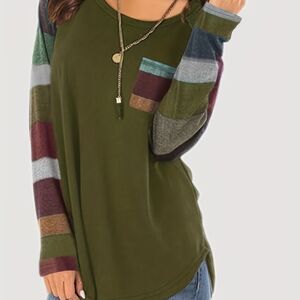 Temu Colorblock Stripe Print Crew Neck T-shirt, Casual Long Sleeve Top For Spring & Fall, Women's Clothing Olive Green XL(12)