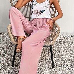 Temu Floral Print Summer Two-piece Set, V Neck Cami Top & Belted Solid Color Pants Outfits, Women's Clothing Pink M(6)
