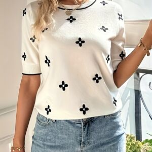 Temu Floral Pattern Crew Neck Pullover Top, Elegant Short Sleeve Sweater, Women's Clothing Beige L(8/10)