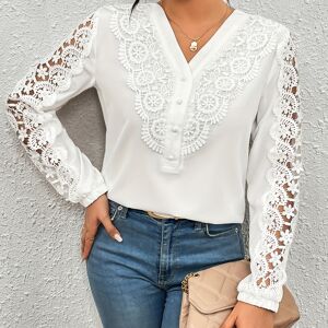 Temu Solid Lace Stitching V-neck Blouse, Elegant Long Sleeve Blouse For Spring & Fall, Women's Clothing White L(8/10)