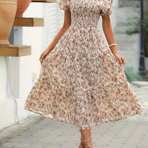 Temu Floral Print Square Neck Dress, Elegant Puff Sleeve Shirred Dress For Spring & Summer, Women's Clothing Apricot L(8/10)