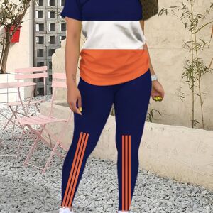 Temu Color Block Casual Spring & Summer Two-piece Set, Crew Neck Short Sleeve Top & Slim Pants Outfits, Women's Clothing Navy Blue XL(12)